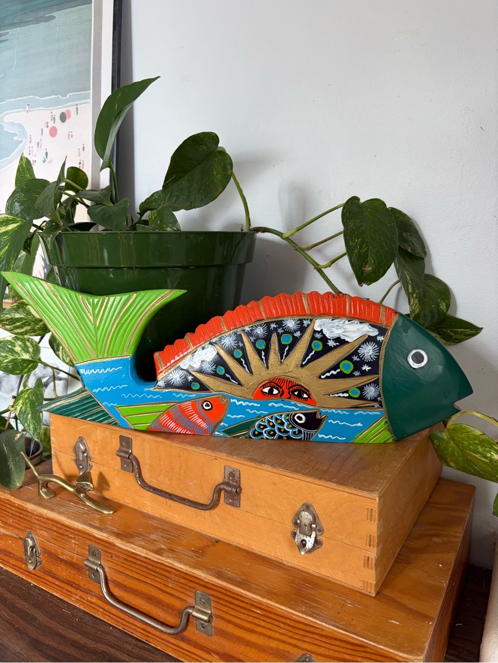 Vintage Mexican Hand Painted Hand Carved Wooden Fish Folk Art w Celestial Design